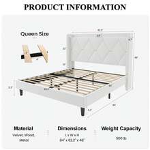 SHA CERLIN Full/Queen/King Velvet Upholstered Bed Frame With Charging Station, Modern Wingback Storage Headboard, Diamond Stitched & Gold Trim, No Box Spring Needed, Easy Assembly, White - Xem 10