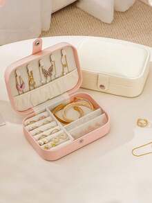 1 pieza Caja de almacenamiento de joyas de doble capa de cuero PU de gran capacidad, caja organizadora de joyas con cierre a presión, caja de joyas minimalista para el hogar, caja de exhibición de joyas portátil, estuche de almacenamiento de joyas de varios compartimentos - Multicolor - Ver 4