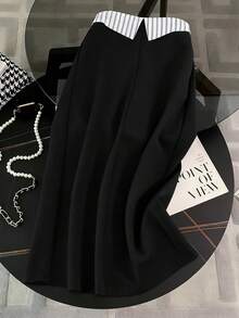 女士新款时尚条纹撞色拼接灰色卫衣通勤套装，两件套上衣和裙子，黑色春季款 - 黑色 - 查看 7