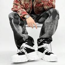 SLnU3 3pcs Men's Fashionable Thick Sole Elevated Motorcycle Boots, Punk Street Preppy Casual Style, Personalized Accessories Decoration, Interchangeable, Metal Eyelets Lace-Up Side Zipper, Simple Design Suitable For Outdoor All Seasons Versatile - Black and White - View 6