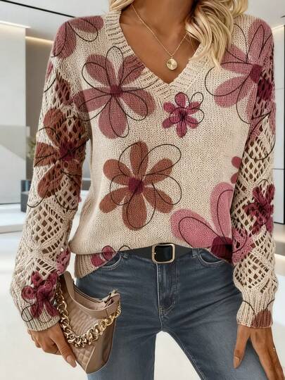 Women'S Bohemian V-Neck Long Sleeve Tunic Top - All-Over Floral Print In Burgundy/Pink/Golden/Brown Tones, Soft -Like Texture, Elegant Pullover For Fall/Winter Casual & Semi-Formal Wear, Layering Essential For Streetwear & Boho Style