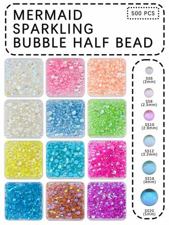 1盒3D极光泡泡珠美甲饰品，混合尺寸彩色虹彩美人鱼宝石平底，适用于女士美甲DIY工艺品装饰