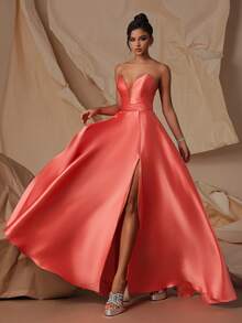 VIPGIRL - Charming Strapless Coral Satin Evening Gown, Mesh Details, High Slit Design - Elegant Formal Ball Gown, Suitable For Special Occasions - Orange - View 6