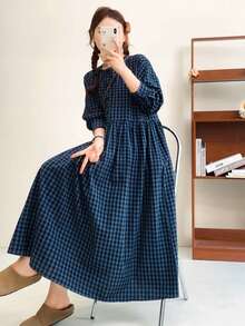 女士复古撞色格纹长袖连衣裙，宽松休闲秋季长裙