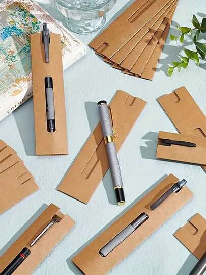 1/10/20/30 piezas Caja de papel kraft para bolígrafos, empaque individual de bolígrafos, patrón de unicolor con tema musical, suministros y decoraciones de oficina y pequeños negocios, caja de bolígrafos de papel kraft reforzado con ventana | Funda de bolígrafo marrón, adecuada para bolígrafo, pluma estilográfica, bolígrafo de rodillo - para oficina, escuela, regalos, negocios - compatible con clip/tapa de bolígrafo - caja de almacenamiento y organización, soporte de bolígrafo, empaque de regalo, apariencia natural