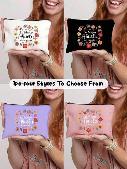 1pc "I Love You Grandma" Makeup Bag - Floral Design With Heart Motifs, Beige Polyester Travel Pouch For Women & Men, Perfect Gift For Grandmothers, Ideal For Travel, Vacations, Business, Fitness, And Camping, Best For Christmastravel Essentials Vacation Summer Holiday Back To School School Stuff Bag For School Travel Bag For Women Makeup Bag For Travel