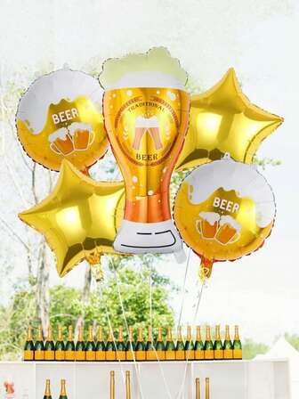 5件套啤酒气球套装，包含欢乐啤酒杯气球、18英寸金色星星气球、欢乐啤酒圆形气球，适合生日派对、啤酒节、啤酒主题派对、家居装饰。