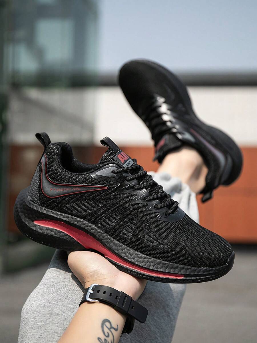 2026 New Men's Shoes: Black And Red Color - Block Mesh Sneakers, Breathable And Comfortable Men's Casual Shoes, Street - Style Versatile Outdoor Walking Shoes - 黑色 - 查看 1