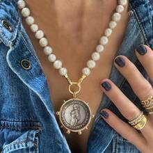 Funky Jewelry Luxury Chunky Gold Color Christ Glass Pearl Cross Charm Pendant Toggle Clasp Necklace Statement Gift Vintage Chain Jewelry ( Each Item Back Is Different )