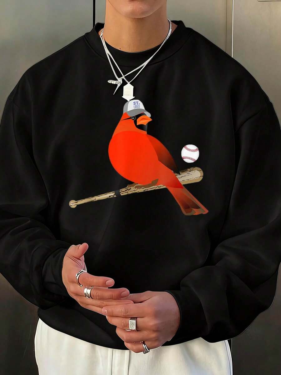 St. Louis Cardinals Baseball Bird Sweatshirt - Red Cardinal With Bat And Ball Design, Fan Apparel For MLB Sports Lovers, Perfect Gift For Baseball Season And Team Supporters - 黑色 - 查看 1