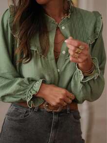 Women's Comfortable Casual Elegant Office Commute Minimalist Design Long Sleeve Blouse, Autumn Spring - Green - View 1