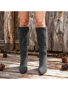 lunryet Lurnyet Knee High Boots Women Almond Toe Chunky Boots For Women Tall Boots With Full Side Zipper High Heel Long Boots KIMU-1 - Da lộn xám - Xem 11