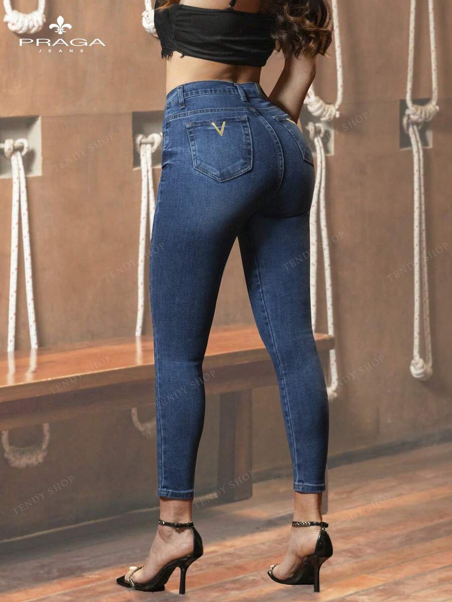 Pantalón Praga Jeans Modelo Lula con Herrajes en V De Mezclilla Azul, Tiro Medio, Reduce el Abdomen, Jeans Clásicos, Levanta Pompa jeans mujer, mezclilla stretch Casual Uso Diario - Azul lavado medio - Ver 1