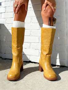Knee High Boots Square Toe Chunky Block Heel Long Boots For Women Comfortable Low Heel Womens Boots - Màu vàng - Xem 3