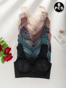 6 Pieces Women's Large Bra Gathered Soft Ice Silk Seamless Top Bra Lace No Wire Ring Summer Bra Tops Underwear, Bralettes For Women, Lingerie For Women, Bras For Women - Nhiều màu - Xem 5
