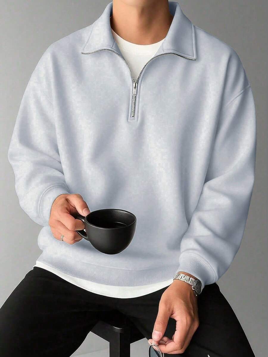 Áo sweatshirt nam cổ kéo khóa nửa thân, màu trơn, tối giản, thời trang, dáng rộng, có cổ, thích hợp cho mùa thu/đông.