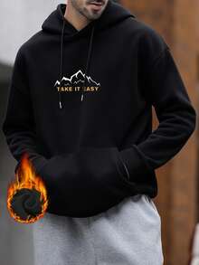 男士休闲街头户外山地印花宽松保暖连帽卫衣，时尚潮流，长袖上衣 - 黑色 - 查看 2
