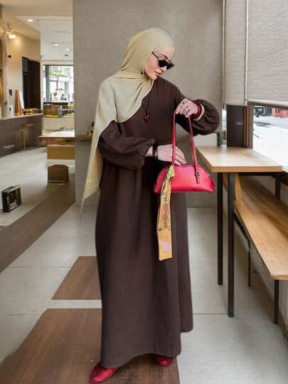 2026 Khaki Ramadan Abaya, Women's Elegant Long Sleeve Dignified New Year Cute Robe, Valentine's Day Woven Fabric Dress, Round Neck Long Ruffle Hem Loose Robe