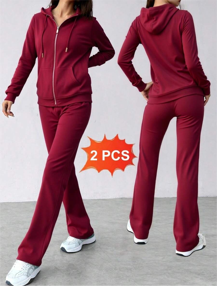 Conjunto de sudadera con capucha y cremallera para mujer -pantalones de pierna ancha, estilo casual y moderno, ideal para múltiples ocasiones. Tela suave y transpirable, diseño con detalles en negro y oro, - Rojo 1 - Ver 1