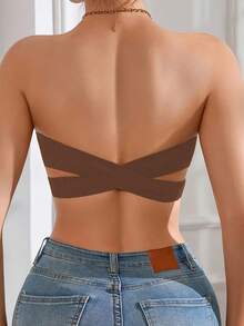 女士无肩带文胸，性感侧扣设计，无缝交叉后背，纯色无钢圈文胸，柔软衬垫，舒适文胸，女士内衣，弹性内裤，抹胸式透气吊带背心，不透明，完美搭配无肩带连衣裙，日常穿着 - 咖啡棕 - 查看 7