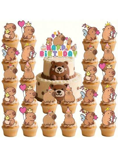 Cute Capybara Cupcake Toppers - Cute Cartoon Capybara Party Decorations With Party Hats, Cupcakes And Balloons, Disposable Cupcake Inserts For Birthdays, Teen Showers Or Themed Parties, Capybara Birthday Decorations, Celebration Supplies, Lively Design, Easy To Insert Design