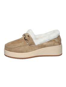 Botas de neve femininas com plataforma e sola grossa, detalhes em metal, mocassins sem fecho, calçados casuais confortáveis e quentes para o inverno, botas com forro de pele. - Caqui - Ver 7