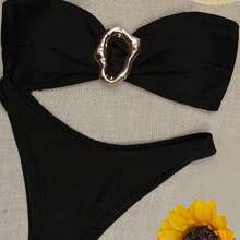 Bộ bikini nữ gợi cảm màu trơn, kiểu push-up, thích hợp cho kỳ nghỉ hè trên bãi biển. - màu đen - Xem 5