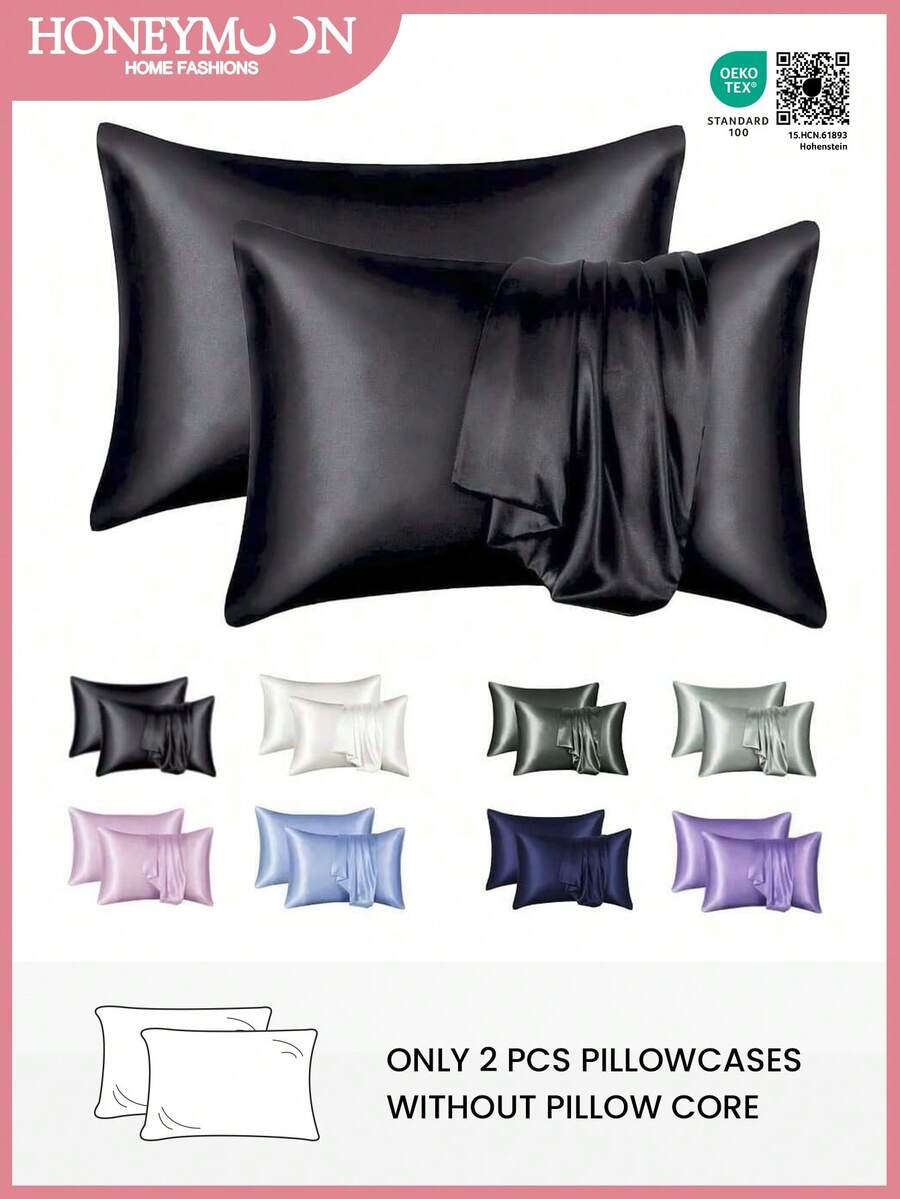 2pcs Premium Silky Satin Pillowcase, Soft & Breathable, Anti-Wrinkle, Gentle On Hair & Skin, Improves Sleep Quality, Without Pillow Insert, Black, Oeko-Tex Certified