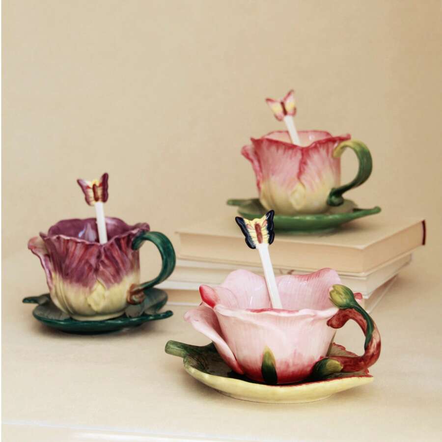 1 Set Handpainted Floral Ceramic Tea Cup & Saucer, 3D Sculpted Rose, Tulip, Daisy Flower Coffee Mug, 1pc 150ml(5oz) Cup With Handle, 1pc Leaf Plate, 1pc Butterfly Spoon, Unique Home Decor, Valentines, Mother's Day, Christmas Gift