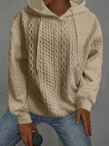Plus Size Women Loose Casual Solid Color Jacquard Knit Long Sleeve Sweatshirt Spring - Khaki - View 6