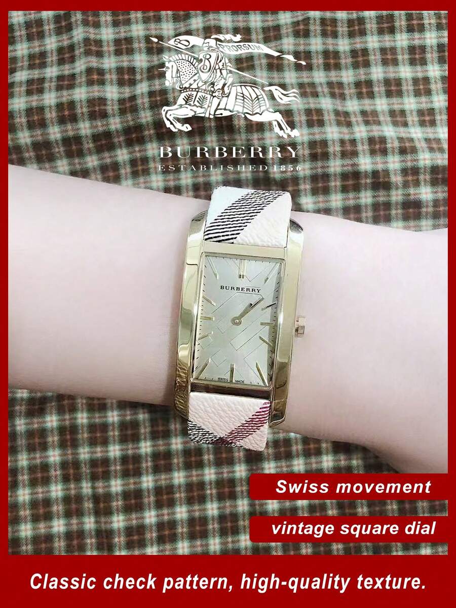 Burberry Champagne Dial Haymarket Beige Leather Strap Watch for Women - 金色 - 查看 1
