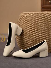 MonaNise Women's Fashion Pink Square Toe Slip-On Pumps With Orange Contrast, Suitable For Vacation, Travel, Shopping, Outdoor, Retro Brown Casual, Navy Blue Versatile High-End Black High Heel Pumps - Apricot - View 5