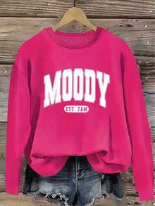 Fashion Apparel Sweatshirt With Code Fashion MOODY Letter Print Sweatshirt, Spring And Autumn Round Neck Casual Sweatshirt, Women's Clothing, Code Women's Clothing Classic Versatile - 黑色 - 查看 10