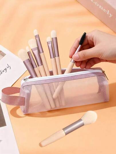 8-Piece Palm Makeup Brush Set With Mesh Carry Bag, Macaron Color Soft Vegan Brushes For Foundation Concealer Blush Powder, Cute Travel Makeup Brushes, Gift Ready