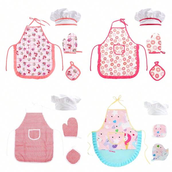 Conjunto de delantal rosa para niños - Delantal de chef lindo para cocinar y hornear para niñas, disfraz de cocina para niños pequeños con sombrero, guantes y bolsillo, ideal para pintura artística, clase de cocina, regalo de cumpleaños o juego de roles de Halloween