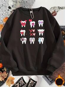 Women's Funny Dental-Themed Halloween Sweater - Light Purple ( Lavender) Long Sleeve Round Neck Pullover With Smiling Teeth, Hearts & Dental Tools Print - Cozy Casual Fall Winter Sweater For Dent - 黑色 - 查看 1