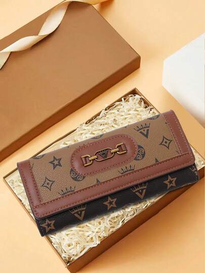 Tri-Fold Wallet With Colorblock Geometric Print PU Leather