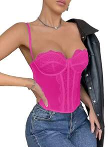 1件蕾丝胸衣紧身胸衣上衣，女士性感外出派对夜店上衣，带扣 - 玫紅色 - 查看 2