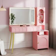 47.5" Big Modern Vanity  With Mirror And Lights, Fluted Makeup Vanity With Glass Top, Vanity Desk With 2 Drawers & Glass Cabinet, Wood Vanity With Storage Cabinet,3 Lighting Modes For Bedroom,Gift For Girls Women - Xem 9