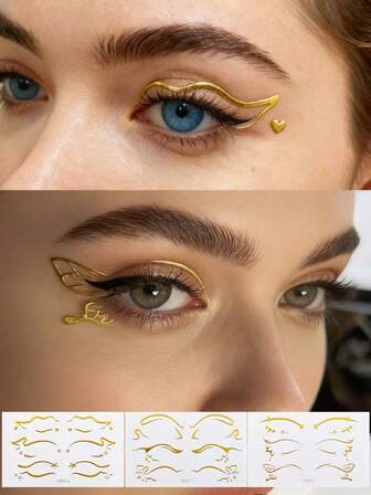 3 hojas de pegatinas de delineador de ojos dorado 3D, pegatinas de tatuaje facial, maquillaje corporal para fiestas de disfraces y festivales de música, decoración de ojos