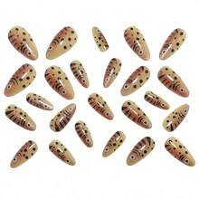 24-Piece Fake Nails Press On - Fish-Shaped Cat Eye Gold-Brown Style, 2025  Euro-American Chic Metallic Shimmer, Reusable Glueless Full Cover With Jelly Glue & Nail File, Glossy Chocolate Brown Aesthetic For Party, Date & Daily Wear - Women Girls DIY Fashion Manicure - 黃色 - 查看 7