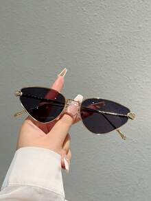 1副时尚金色猫眼眼镜，配有别致的镜腿装饰，女士时尚金属渐变镜片眼镜 - 彩色 - 查看 2