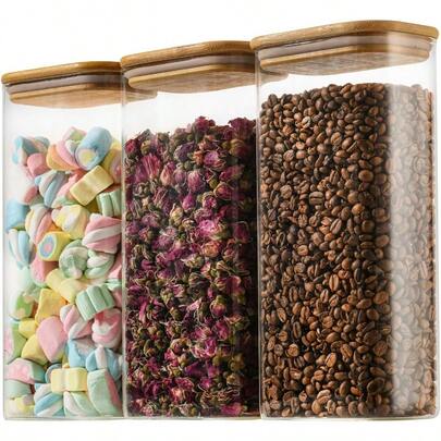 64oz Rec Airtight Glass Storage Containers With Bamboo Lids Set Of 3 Square Food Storage Jar Pantry Organizers For Cereal Flour Pasta And Coffee Beans (With Black Lable)