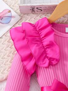 女童长袖圆领荷叶边罗纹撞色网纱连衣裙，甜美可爱，适合秋冬季节穿着。 - 玫紅色 - 查看 4