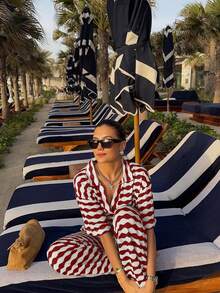 Knit Mix Women's Knit Set Casual Elegant Striped Collar Top And Long Pants Two Pieces Back To School Autumn Winter Fall Women Clothes,Suitable For Christmas, Thanksgiving, And New Year (Random Stripe Pattern)