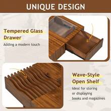 Holiday Coffee Table – 47" Modern Wood Table With Tempered Glass, Fluted Style & Drawers, Ideal For Christmas Living Room - Brown + Solid Wood+MDF+Glass - View 7
