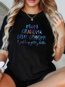 1 Pcs Women's Funny Mom Grandma Great-Grandma Saying Plus Size T-Shirt Funny Oversized Graphic Short Sleeve Tee Novelty 100% Polyester Shirt Casual Crew Neck Top 220g - 黑色 - 查看 1