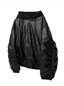 Gridborn Men Jacket Two Layer Look PU Leather Zip Up Loose Fit Bomber Style For Casual Wear - Black - View 5