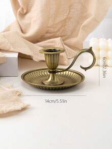 Vintage Neo-Classical Antique Bronze Candlestick | Curved Handle * Radiant Tray Designed To "Catch Wax Drips", Aged Bronze Texture With Patina, Radiant Lines On The Body Like Solidified Sunlight, Elegant Curved Handle - Multicolor - View 6