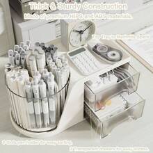 Rotating Desk Organizer With 2 Drawer 6 Slots Multi - Functional Pencil Pen Holder Desktop Organizer Stationery Accessories Storage Box Caddy Office School Home Art Supplies White - trắng - Xem 4